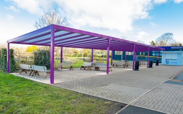 Spaceshade purple outdoor dining canopy by Kensington Systems, Stoke on Trent